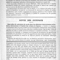 0928 - Page 924 - Bibliothèque. Traité des maladies du testicule et de ses annexes, par le Docteurs Monod et Terrillon. Paris, Masson, 1889 / Revue des journaux. Bons effets du salicylate de soude dans les affections tuberculeuses articulaires douloureuses à l'hôpital des enfants de Boston (Boston med. and surg. Journ. 11 avril 1889) / Feuilleton. Causerie [Simplissime]
