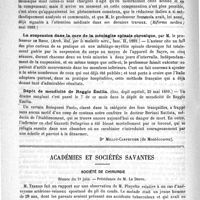 0942 - Page 938 - Revue des journaux. Journaux italiens. Le coma diabétique (Premier-Naples de la Riforma medica, n°s 111 et 112) (Riforma medica ; mai 1889) / La suspension dans la cure de la méningite spinale chronique, par M. le Professeur de Renzi (Arch. ital. per le malattie nerv., fasc. II, 1889) / Dépôt de mendicité de Reggio Émilia (Gaz. degli ospital, 22 mai 1889) [Dr Millot-Carpentier] / Académies et sociétés savantes. Société de chirurgie. Séance du 19 juin