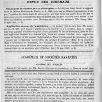 0034 - Page 30 - Bibliothèque. Traité d'anatomie comparé, par MM. G. Pouchet et H. Beauregard. - Paris, G. Masson, 1889 / Revue des journaux . Traitement du tétanos par la pilocarpine (The therap. Gaz., 13 mai 1889) / Application externe de l'antifébrine (The ther. Gaz., 15 mai 1889) / Académies et sociétés savantes. Académie des sciences / Feuilleton. La classe XIV (instruments de chirurgie, orthopédie, prothèse, etc.) à l'exposition universelle