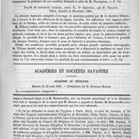 0287 - Page 283 - Bibliothèque. Leçons cliniques sur les maladies des voies urinaires, par sir Henry Thompson, traduits par le docteur Robert Jamin. - Paris, J.-B. Baillière, 1889 / Traité de chirurgie clinique... par P. Tillaux. Paris, Asselin et Houzeau, 1889 / Académies et sociétés savantes. Académie de médecine. Séance du 20 août 1889 / Feuilleton. Causerie. Autour du Congrès