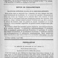 0293 - Page 289 - Comité de rédaction / Sommaire / Revue de thérapeutique. Les diverses médications nouvelles de la tuberculose pulmonaire / Feuilleton. Un médecin de campagne au XIXe siècle. Par le docteur Jules Lafage...