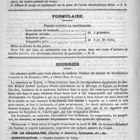 0436 - Page 432 - Revue des journaux. Moyen d'effacer les taches bleu noirâtres produites sur la peau par l'action de la poudre à tirer (Arch. de méd. et de ch. pratique, Bruxelles, août 1889) / Formulaire. Prises contre la gastralgie / Courrier / La chirurgie en Égypte / Nécrologie [Delamare (de Nantes) / Lepetit-Lamazures]