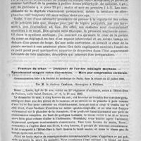 0599 - Page 595 - Leçons cliniques sur les maladies du coeur. Prof. O. Fraentzel. Traitement des hypertrophies idiopathiques du coeur consécutives à l'artério-sclérose / Fracture du crâne. - Déchirure de l'artère méningée moyenne. - Épanchement sanguin extra-duremérien. - Mort par compression cérébrale. Communication faite à la société de médecine de Paris, dans la séance du 17 juillet 1889. Par M. le docteur Chrétien...