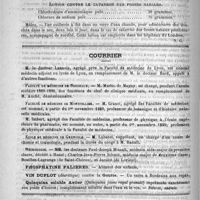0628 - Page 624 - Sociétés et congrès. Congrès d'hydrologie et de climatologie / Formulaire. Lotion contre le catarrhe des fosses nasales / Courrier / Faculté de médecine de Bordeaux / Faculté de médecine de Montpellier / École de médecine de Grenoble / Nécrologie [Paul-Joseph Micault / Charles-Jean-Pierre Schmit / Bouillon-Lagrange (de Saint-Chéron) / Jacolot (de Lorient)] / Bulletin bibliographique