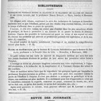 0723 - Page 715 - Hôpital Saint-Louis. - M. le professeur Fournier. Clinique des maladies cutanées et syphilitiques. Une conférence sur la syphilis en 1830. Leçon recueillie par le docteur Paul Portalier (A suivre) / Bibliothèque. Techniques des principaux moyens de diagnostic et de traitement des maladies des oreilles et des fosses nasales, par le professeur Simon Duplay. - Paris, Asselin et Houzeau, 1889 / Manuel de propédeutique, par le docteur H. Lavrand. Introduction par le docteur H. Desplats... Bruxelles, A. Manceaux, 1889 / Revue des journaux. Épidémie de phthisie pulmonaire