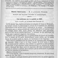 0729 - Page 721 - Comité de rédaction / Sommaire / Hôpital Saint-Louis. - M. le professeur Fournier. Clinique des maladies cutanées et syphilitiques. Une conférence sur la syphilis en 1830. Leçon recueillie par le docteur Paul Portalier