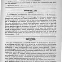 0927 - Page 911 - Académies et sociétés savantes. Société de médecine de Paris. Séance du 14 décembre 1889 / Formulaire. Traitement des hémorrhoïdes idiopathiques externes. - E. Vincent / Courrier. L'école de médecine navale