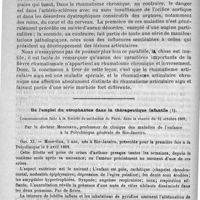 0034 - Page 30 - Hôpital de la Pitié. - M. Lancereaux. Le rhumatisme chronique, habitus extérieur. - Coïncidences pathologiques, leurs variations selon les âges : migraines, névralgies, fluxions congestives et hémorragiques, troubles sécrétoires, dyspepsie, entérite membraneuse, éruptions diverses ; lésions unguéales, aponévrotiques, hernies, varices, artério-sclérose généralisée, etc., etc. - Parallèle entre le rhumatisme articulaire aigu et le rhumatisme articulaire chronique. Leçon recueillie par MM. Guyon et Dudefoy... / De l'emploi du strophantus dans la thérapeutique infantile. Communication faite à la société de médecine de Paris, dans la séance du 12 octobre 1889, par le docteur Moncorvo...