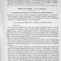 0149 - Page 145 - Comité de rédaction / Sommaire / Hôpital de la Pitié. - M. Lancereaux. Les diabètes glycosuriques : trois types ou espèces distinctes : le diabète par lésion nerveuse, diabète traumatique ou spontané (diabète de Cl. Bernard), le diabète maigre ou diabète pancréatique ; le diabète gras ou diabète constitutionnel. - Les coïncidences pathologiques de ce dernier type ne diffèrent pas de celles du rhumatisme chronique. - Ce diabète appartient à la série herpétique. Leçon recueillie par MM. Guyon et Dudefoy...