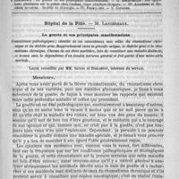 0221 - Page 217 - Comité de rédaction / Sommaire / Hôpital de la Pitié. - M. Lancereaux. La goutte et ses principales manifestations. Coïncidences pathologiques ; identité de ces coïncidences avec celles du rhumatisme chronique et du diabète gras. Rapprochement entre la gravelle urique, le diabète gras et le rhumatisme chronique. Chacun de ces états morbides, loin de constituer une maladie distincte, se trouve sous la dépendance d'un trouble nerveux général et fait partie d'une même série morbide. Leçon recueillie par MM. Guyon et Dieudefoy...