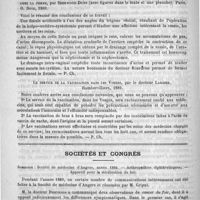 0494 - Page 486 - Un cas d'eczéma général aigu à la Bourboule, par le docteur Ad. Nicolas (A suivre) / Bibliothèque. Nouveau traitement chirurgical des maladies inflammatoires des reins et des uretères chez la femme, par Sherwood Dunn... Paris, O. Doin, 1889 / Le service de la vaccination dans les Vosges, par le docteur Lardier. Rambervilliers, 1889 / Sociétés et Congrès. Sommaire : société de médecine d'Angers, année 1889. - Arthropathies diphthéritiques. - Appareil pour la stérilisation du lait