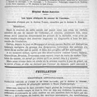0513 - Page 505 - Comité de rédaction / Sommaire / Hôpital Saint Antoine. Les types cliniques du cancer de l'estomac. Causeries cliniques par le docteur Tapret, recueillies par le docteur G. Dubor / Feuilleton. Bibliothèque anthropologique. Pathologie comparée de l'homme et des êtres organisés, par le docteur A. Bordier...