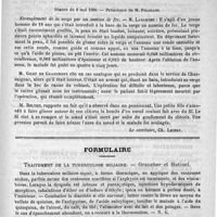 0727 - Page 715 - Académies et sociétés savantes. Société de médecine pratique. Séance du 1er mai 1890 / Séance du 8 mai 1890 / Formulaire. Traitement de la tuberculose miliaire. - Grancher et Hutinel / Courrier. Ecole de médecine navale
