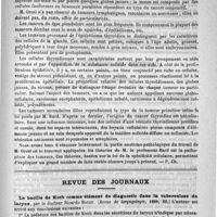 0887 - Page 873 - Travaux de la faculté de Lyon. Contribution à l'étude du corps thyroïde, par le docteur Louis Orcel. - Lyon, 1889 / Revue des journaux. Le bacille de Koch comme élément de diagnostic dans la tuberculose du larynx, par le docteur Ricardo Botey. (Revue de laryngologie, 1889, 22)