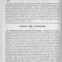 0082 - Page 78 - Bibliothèque. Dyspepsie et catarrhe gastrique. - Thérapeutique des maladies des voies digestives, par le docteur C.-L. Coutaret... - Paris, Masson, 1890 / Traité de petite chirurgie gynécologique, par Paul F. Mundé..., traduit par G. Lauwers... - Bruxelles, A. Manceaux, 1890 / Revue des journaux. Le bromure d'or dans le traitement de l'épilepsie (The ther. Gaz., 15 mai 1890)