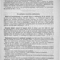 0095 - Page 91 - Travaux de la Faculté de médecine de Lyon. De la tuberculose des ouvriers en soie, par le docteur Pierre Givre. Paris, J.-B. Baillière, 1890 / De quelques nouvelles médications. Bains de permanganate de potasse dans le traitement de la variole, par A. Gawalowski. (Revue de thérap. méd. chir., 1890, 2) / Remède simple contre le hoquet (Revue de thérap. méd. chir. 1890, 2) / Traitement local de la phthisie laryngée, par Middlemas-Hunt (Liverpoool). (Annales des maladies de l'oreille, etc. décembre 1889)