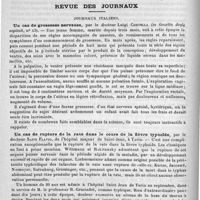 0106 - Page 102 - Bibliothèque. Bibliothèque anthropologique, XII. - Origines de la chasse, de la pêche et de l'agriculture, par G. de Mortillet... - Paris, 1890 / Revue des journaux. Journaux italiens. Un cas de grossesse nerveuse, par le docteur Luigi Cortella (in Gazetta degli ospitali, n° 43) / Un cas de rupture de la rate dans le cours de la fièvre typhoïde, par le docteur Santi Flavio. (In Gazzetta degli ospitali, n° 43)