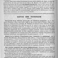 0180 - Page 176 - Bibliothèque. Syphilis tertiaire et syphilis héréditaire, par M. le docteur Mauriac... - Paris, 1890 ; J.-B. Baillière / Revue des journaux. Traitement de la chlorose grave par les émissions sanguines, par le docteur A. Wilhelmi (Wan. med. Presse, 1889, n° 48, et Revue hebd. de thérap., 1890, 4) / Emploi de la teinture d'eucalyptus pour combattre la céphalalgie, par le docteur Weir-Mitchell (Revue hebdom. de thér., 1890, 4) / Sur l'action comparée des divers antipyrétiques (Nouveaux remèdes, 1890, 2) (Ind. med. Gaz., juillet 1889)