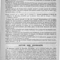 0313 - Page 309 - Bibliothèque. Manuel de pathologie interne à l'usage des étudiants et des praticiens, par C. Vanlair. - Liège, et Paris, O. Doin, 1890 / Leçons cliniques sur la grippe, par le docteur A. Villard..., recueillies par le docteur Oddo... - Paris, G. Masson... / Revue des journaux. Le guarana contre la diarrhée chronique. (Revue de thérap. médico-chir., 1890, 13) / Revue des maladies de l'oreille, du nez et du larynx