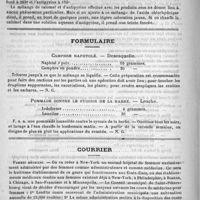 0350 - Page 346 - Revue de pharmacologie. Sommaire : préparation des emplâtres à froid. - Calomel et bromure de potassium. Incompatibilités de l'antipyrine / Formulaire. Camphre naphtolé. - Desesquelle / Pommade contre le sycosis de la barbe. - Leache / Courrier. Femmes médecins / Certificats soumis au timbre et certificats exempts du timbre