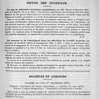 0383 - Page 379 - Bibliothèque. Gall et ses doctrines, par le docteur J. Nivelet. - Paris, F. Alcan, 1890 / Revue des journaux. Un cas de péritonite chronique syphilitique, par MM. Sézary et Renauld. (Bul., méd. de l'Algérie, 90, 9, p. 346) / Du menthol et de l'eucalyptol dans les affections de l'oreille moyenne, par Bronner. (Revue de laryngologie, 1890, 7, 241) / Sociétés et Congrès. Sociétés de Lyon (1er septembre 1890). Sommaire : traitement des bubons chancrelleux. - Luxation du nerf cubital. - Tumeurs d'origine thérapeutique. - Traitement des luxations de la hanche