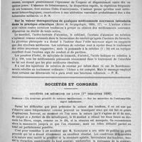 0419 - Page 415 - Revue des journaux. Deux cas d'affections rares de la langue : 1° urticaire ; 2° tumeurs hémorrhagiques, par le docteur Bock (Revue de laryngologie, 1890, 17) / Sur la valeur thérapeutique de quelques médicaments nouveaux introduits dans la pratique otiatrique (Revue de laryngologie, 1890, 17) / Sociétés et Congrès. Sociétés de médecine de Lyon (1er semestre 1890). Sommaire : un nouveau procédé de sutures tendineuses. - Sur les microbes de l'ostéomyélite aiguë infectieuse