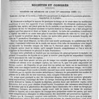0445 - Page 441 - Revue des journaux. Les tubercules quadrijumeaux, centre d'action réflexe des mouvements oculaires, par V. Basévi (Annales d'oculistique, 1890, t. CIV) / Sociétés et Congrès. Sociétés de médecine de Lyon (1er semestre 1890). Sommaire : lavage de la vessie. - Difficultés que présente le diagnostic de la paralysie générale. Amputation de la jambe