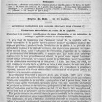 0497 - Page 493 - Comité de rédaction / Sommaire / Hôpital du Midi. - M. Du Castel. Affections ulcéreuses des organes génitaux chez l'homme. Ulcérations secondaires au cours de la syphilis. Réouverture de la cicatrice ; ramollissement du noyau d'induration et des indurations de voisinage ; syphilides érosives et tuberculo-érosives