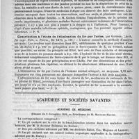 0838 - Page 846 - Revue des journaux. Une petite épidémie d'oedème infectieux, par le docteur Cochez. (Bulletin médical de l'Algérie, 1890, 95) / Contribution à l'étude de l'élimination du fer par l'urine, par Gottbeb. (Arch. für expr. Path. u. Pharm., Bd XXVI, p. 139) / Académies et sociétés savantes. Académie de médecine. Séance du 9 décembre 1890