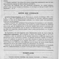 0027 - Page 23 - Revue des thèses. Recherches biologiques sur l'excrétion urinaire aux différents âges de la vie. - Etude de la toxicité urinaire, par le docteur Marius Bonal. - Montpellier et Paris, 1890 / Revue des journaux. Arthrite blennorrhagique, par R. Deutschmann (Annales d'oculistique, 1890, t. 104, p. 83) / De l'azoturie et de ses rapports avec l'élimination totale de l'azote dans la tuberculose pulmmonaire, par le docteur A. Crickx. (La Clinique, 1890, n°s 36 et 37) / Formulaire. Lotion contre l'eczéma des fosses nasales. - Kaposi