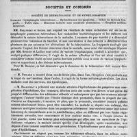 0050 - Page 42 - Revue des thèses. Des rétrécissements congénitaux de la partie supérieure du rectum, par R. Sabatier. Montpellier, Cabiron, 1889 / Sociétés et Congrès. Société de dermatologie et de syphiligraphie. Sommaire : lymphangite tuberculose. - Hydradénome des paupières. - Début du mycosis fongoïde. - Tabès aigu. - Chancres indurés sans accidents secondaires. - Éruption médicamenteuse