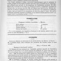 0335 - Page 327 - De quelques nouvelles médications. Contribution à la prophylaxie de l'ophthalmie purulente des nouveau-nés, par A. Valenta. (Revue d'ophthalmologie, 1890, 9) / Formulaire. Pommade contre l'alopécie. - Monin / Courrier. Association générale de prévoyance et de secours mutuels des médecins de France