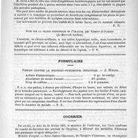 0419 - Page 411 - De quelques nouvelles médications. Emploi de l'eau salée en chirurgie, par M. Tavel (Annuaire de thérapeutique, 1891) / Note sur la valeur hypnotique de l'uralium, par Schmitt et Parisot (Le mercredi médical) / Formulaire. Potion contre la broncho-pneumonie infantile. - J. Simon / Courrier