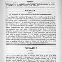 0469 - Page 461 - Comité de rédaction / Sommaire / Bulletin. Les injections de sérum de chien et de chèvre aux tuberculeux / Feuilleton. Causerie