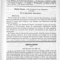 0873 - Page 865 - Comité de rédaction / Sommaire / Hôpital Tenon. - M. le docteur L.-G. Richelot. De la laparotomie exploratrice / Feuilleton. Les salons de 1891