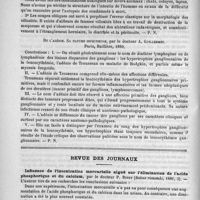 0030 - Page 22 - Revue des thèses. Remarques sur les villosités, par le Docteur Ovide Benoit, Paris, Lecrosnier, 1891 / De l'adénie. Sa nature infectieuse, par le Docteur A. Guillermet. Paris, Baillière, 1890 / Revue des journaux. Influence de l'intoxication mercurielle aiguë sur l'élimination de l'acide phosphorique et du calcium, par le Docteur P. Binet (Suisse romande, 1891, 3) / Le vertige de Ménière et les canaux semi-circulaires, par W.-B. Dalby (Annales des maladies de l'oreille, etc., mars 1891)