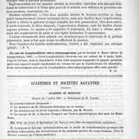0077 - Page 69 - Revue des journaux. Traitement de la coqueluche, etc., par le Docteur Prsa (Revue de laryngocologie, 1891) / Injections intra-trachéales et bronchiques par la voie laryngée de liquides médicamenteux, par le Docteur Masini (Revue de laryngocologie, 1891) / Un cas de lymphadénite rétro-pharyngienne, par le Docteur J. Bokai (Revue de laryngocologie, 1891) / Académies et sociétés savantes. Académie de médecine. Séance du 7 juillet 1891