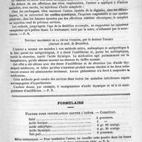 0139 - Page 131 - De quelques nouvelles médications. Injection sous-cutanée d'huile camphrée, par le Docteur Bruno Alexander (Annales et Bulletin de la Société de médecine de Gand, 1891) / Nouveau traitement de la fièvre typhoïde, par le Docteur Tordeus (Journal de méd. de Bruxelles) / Formulaire. Poudre pour insufflation contre l'ozène. - Cozzolino / Courrier