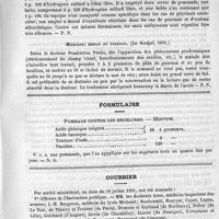 0151 - Page 143 - De quelques nouvelles médications. Diminution de la puissance virile par l'emploi interne des antiseptiques et surtout de l'acide salicylique. (Revue de thérap. méd. et chir., 1891) / Emploi thérapeutique de l'hydrogène sulfuré. (Revue de thérap., 1891) / Migraine ; emploi du guarana. (Le Scalpel, 1891) / Formulaire. Pommade contre les engelures. - Morrow / Courrier