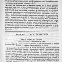 0209 - Page 201 - Revue des journaux. Présentation d'un malade atteint de néoplasme du foie consécutif à un traumatisme, par le Docteur Thorspecken (Berlin. Klin. Woch., 1890, n° 40) / Présence de bactéries dans la vésicule biliaire, par le Docteur Naumeyer. (Deuts. Med. Woch., 1891, n° 5) / Académies et sociétés savantes. Société médicale des hôpitaux. Séance du 31 juillet