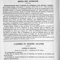 0222 - Page 214 - Revue des cliniques. Epilepsie partielle crurale et tuberculose de la région paracentrale, par le Docteur Charcot / Revue des journaux. Cholécythotripsie dans l'occlusion du cholédoque avec guérison complète, par le Docteur Kocher. (Correspond. f. schweizer Aerzte, 1870, n° 4) / Académies et sociétés savantes. Académie de médecine. Séance du 4 août 1891