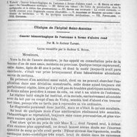 0249 - Page 241 - Comité de rédaction / Sommaire / Clinique de l'Hôpital Saint-Antoine. Cancer hémorrhagique de l'estomac à forme d'ulcère rond, par M. le Docteur Tapret. Leçon recueillie par le Docteur G. Budor