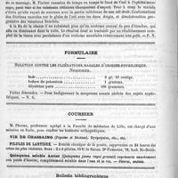 0260 - Page 252 - De quelques nouvelles médications. Guérison d'une embolie de l'artère centrale de la rétine par des frictions sur l'oeil, par le Docteur Fischer. (Revue de thérapeutique, 1891) / Formulaire. Solution contre les ulcérations nasales d'origine syphilitique. Neumann / Courrier / Bulletin bibliographique