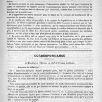 0531 - Page 523 - Revue des journaux. Théorie du délire dans la pneumonie, par M. le Docteur Castelain (Archives médicale belges) / Correspondance. A Monsieur le rédacteur en chef de l'Union médicale