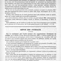 0569 - Page 561 - Bibliothèque. Etude expérimentales et cliniques sur la tuberculose... Paris, G. Masson, 1891 / Revue des journaux. Sur le traitement par l'acide borique des suppurations chroniques de l'oreille, par le Docteur Janicke (Revue de laryngologie, 1891)
