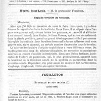 0017 - Page 13 - Comité de rédaction / Sommaire / Hôpital Saint-Louis. - M. le Professeur Fournier. Syphilis tertiaire du testicule / Feuilleton. Sydenham et son oeuvre (1624-1689)