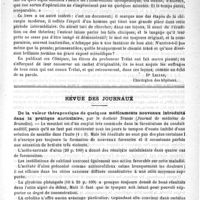 0049 - Page 45 - Bibliothèque. Clinique chirurgicale, par U. Trélat. Leçons recueillies par les soins de M. Pierre Delbet, avec le concours de MM. Arrou, Barette, A. Broca, Cartaz, Coudray, Demoulin, Marchant, Lyot, Morot, Reclus, Petit-Vendol, Potherat, etc. [Dr Lejars] / Revue des journaux. De la valeur thérapeutique de quelques médicaments nouveaux introduits dans la pratique auriculaire, par le Docteur Syènes (Journal de médecine de Bruxelles)