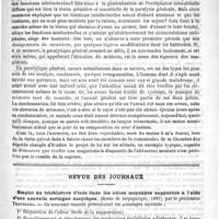 0217 - Page 213 - Revue des cliniques. Les simulateurs. Les aliénés condamnés par la justice, par M. le Docteur Magnan / Revue des journaux. Emploi du trichlorure d'iode dans les otites moyennes suppurées à l'aide d'une nouvelle seringue aseptique. (Revue de laryngologie, 1891), par le Professeur Trautmann