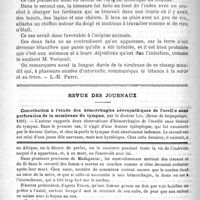 0286 - Page 282 - Bulletin. Guérison du tétanos par injections de sérum [L.-H. Petit] / Revue des journaux. Contribution à l'étude des hémorrhagies névropathiques de l'oreille sans perforation de la membrane du tympan, par le Docteur Luc. (Revue de l'aryngologie, 1891) / Feuilleton. Causerie