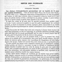 0346 - Page 342 - Revue des cliniques. Asphyxie locale des extrémités ; pathogénie et traitement, par M. le Professeur Peter / Revue des journaux. Journaux italiens. Cas clinique d'hémoglobinurie paroxystique sur un bambin de 22 mois par syphilis héréditaire. - Note du Docteur Enrico Reale. (In Gazzetta delle cliniche, 10 janvier 1892, n° 2)